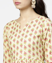 Off white printed full sleeve cotton anarkali kurta with pink ankle length palazzo