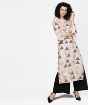 Beige printed long flared sleeve straight cotton kurta with black ankle length flared palazzo