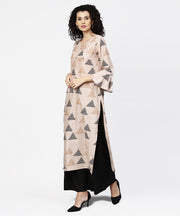 Beige printed long flared sleeve straight cotton kurta with black ankle length flared palazzo