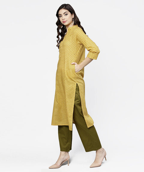 Yellow 3/4th sleeve printed cotton straight kurta green ankle length pallazo