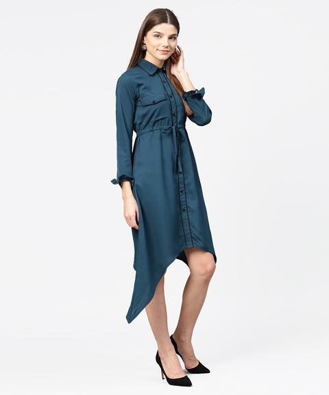 Blue full sleeve crepe front open dress with front pocket and belt