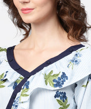 Blue striped 3/4th sleeve cold shoulder ruffle top