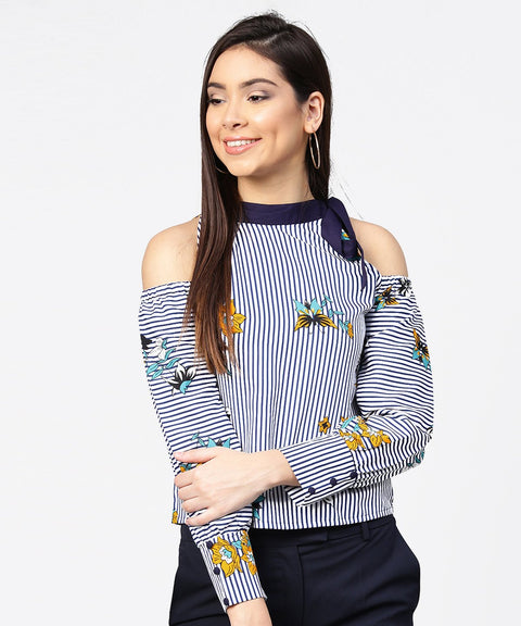 Blue striped flower print full sleeve cold shoulder top