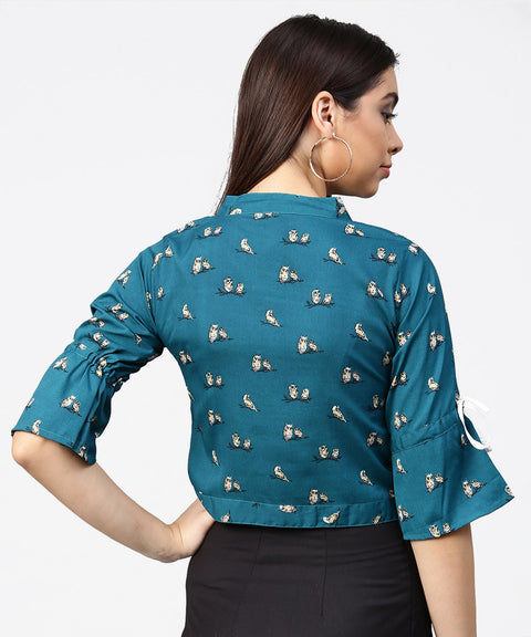 Teal blue 3/4th sleeve front open crop top with dori & Belt
