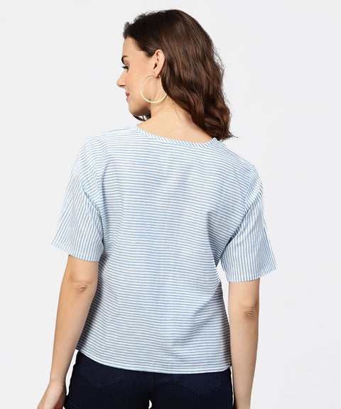 Blue striped short sleeve top with round neck
