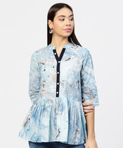 Marble Printed Chinese Collared, Pleated yoke with 3/4th Sleeves Top