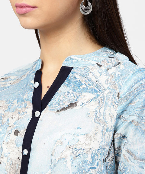 Marble Printed Chinese Collared, Pleated yoke with 3/4th Sleeves Top