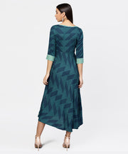 Multi Printed Round Neck Gathered Panels with 3/4th Sleeves Maxi Dress