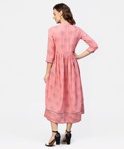 Peach Printed Chinese Collared Front open Placket till yoke with 3/4th Sleeves Maxi Dress