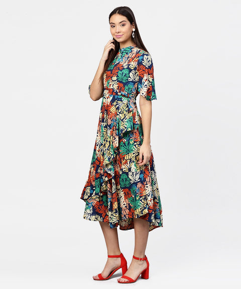 Floral Printed Chinese Collared with attached belt and 3/4th Sleeves Maxi Dress