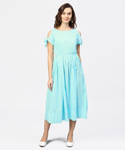 Printed Round Neck with a Draw-string at yoke and knotted short sleeves Maxi Dress