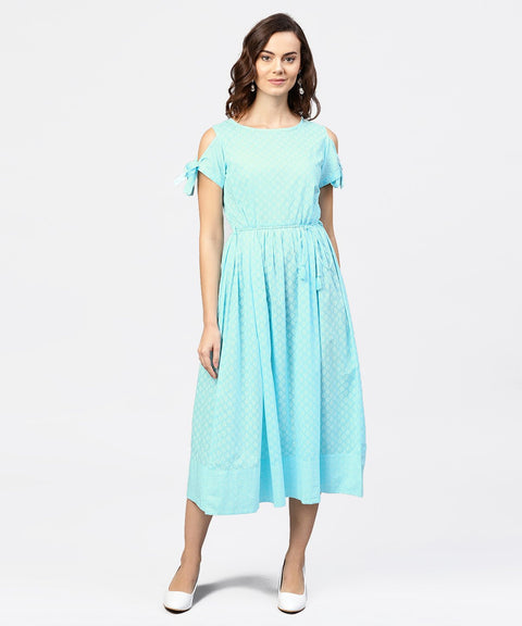 Printed Round Neck with a Draw-string at yoke and knotted short sleeves Maxi Dress
