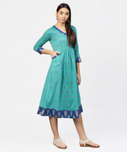 Printed V-neck panelled with patch pockets and 3/4th sleeved Maxi Dress