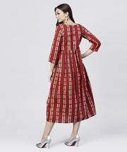 Maroon printed cotton maxi dress with 3/4 sleeve emblished with pearls