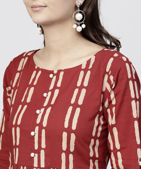 Maroon printed cotton maxi dress with 3/4 sleeve emblished with pearls