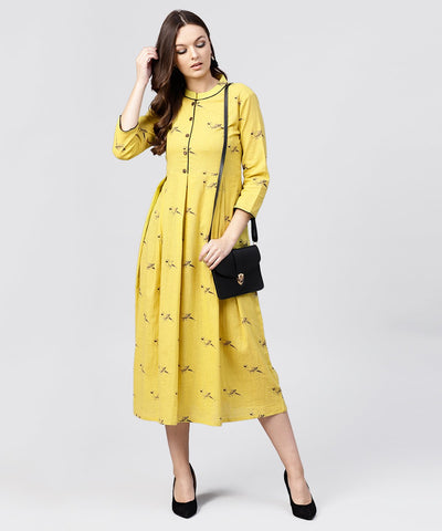 Mustard Full Sleeves Cotton Maxi dress with Madarin collar and front Placket