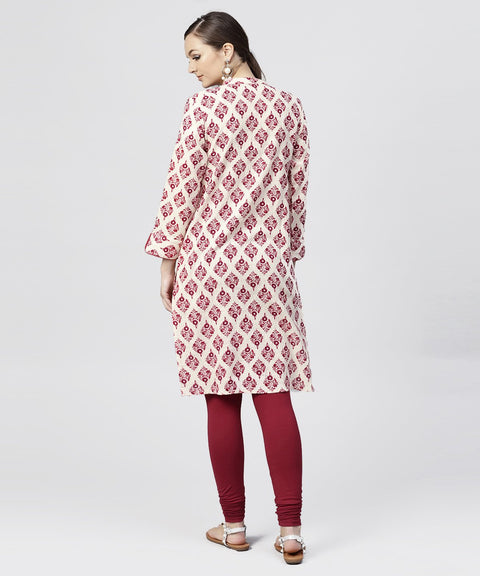 Red Printed cotton Kurta with Madarin Collar and  3/4th Sleeves