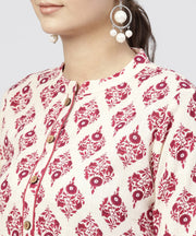 Red Printed cotton Kurta with Madarin Collar and  3/4th Sleeves