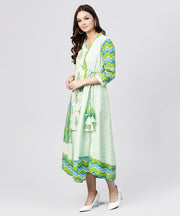 Green Printed Cotton Angrakha style dress with  Madarin collar emblished with tassels