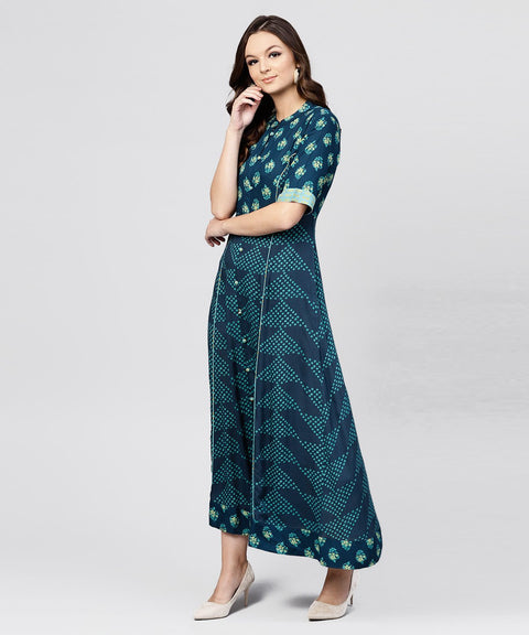 Blue Printed panelled cut A-line kurta with printed yoke and Front placket