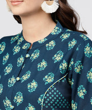 Blue Printed panelled cut A-line kurta with printed yoke and Front placket