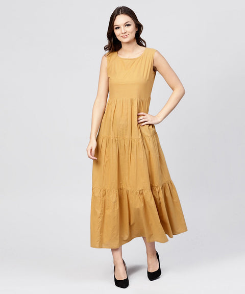 Mustard Cotton Tiered Maxi dress with Full Sleeves short jacket emblished with Tassel