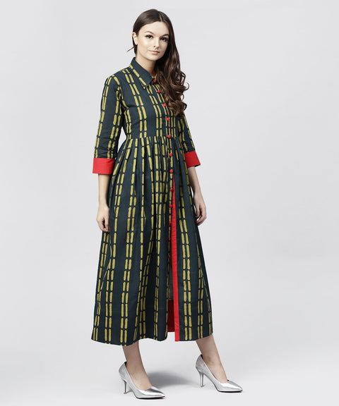 Blue cotton Printed 3/4 sleeves Kurta with shirt Collar and front Placket