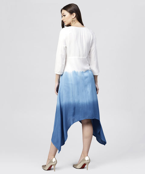 White Rayon Asymmetric Maxi Dress dyed Blue with 3/4 sleeves