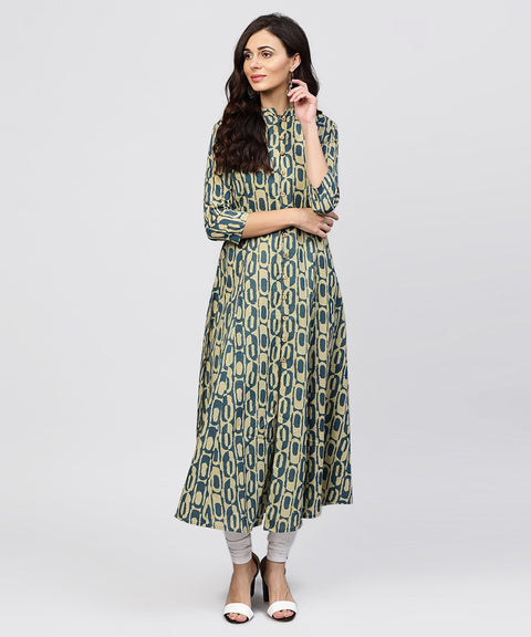 Green Printed Panelled cut A-line Kurta with Madarin Collar and front Placket