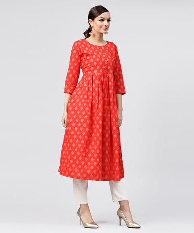 Red cotton printed A-line with box pleated  kurta with front Placket and 3/4 sleeves