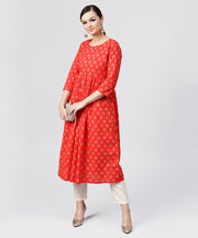 Red cotton printed A-line with box pleated  kurta with front Placket and 3/4 sleeves