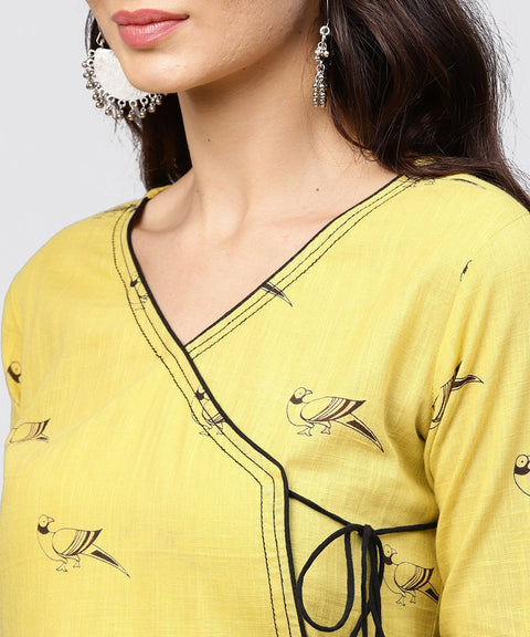 Cotton Mustard Pleated angrakha with v-neck and emblished with tassel