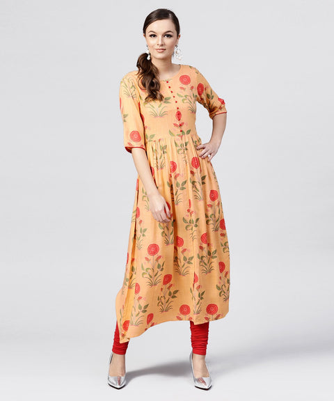 Peach Rayon calf Length Kurta with Round neck front placket