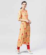 Peach Rayon calf Length Kurta with Round neck front placket