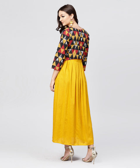 Bright Yellow rayon A-line box pleated Maxi with attached Jacket till Yoke and emblished with tassels