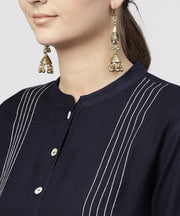 Navy blue Round neck kurta with 3/4 sleeves and front Placket