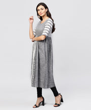 Grey and White stripes handloom Calf length Kurta with Round neck and Half sleeves