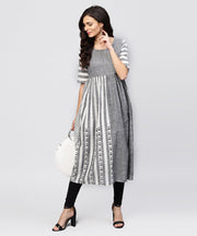 Grey and White stripes handloom Calf length Kurta with Round neck and Half sleeves