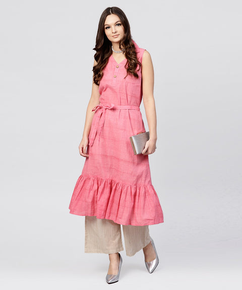Pink cotton tiered dress with Shirt collar and front packet