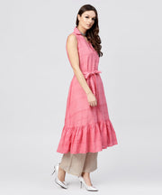 Pink cotton tiered dress with Shirt collar and front packet