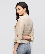 Ruffled yoke with open center placket top with pleated sleeves and Madarin collar