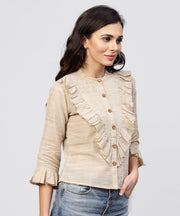Ruffled yoke with open center placket top with pleated sleeves and Madarin collar