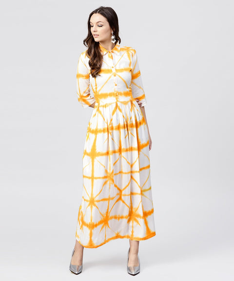 Multi tie and dyed shirt Collar maxi dress with box pleats and 3/4 sleeves
