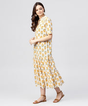 Madarin collar Tiered Printed dress with front placket and half sleeves