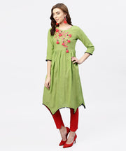 Parrot green Embroidered A-line Kurta with  round neck and 3/4 sleeves