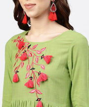 Parrot green Embroidered A-line Kurta with  round neck and 3/4 sleeves