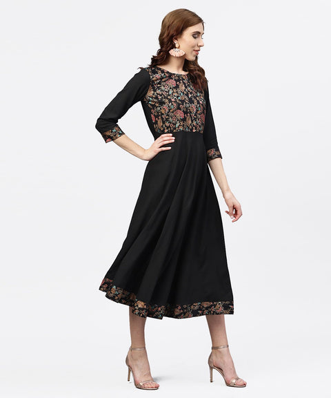 Black printed Maxi dress with Round neck and full sleeves