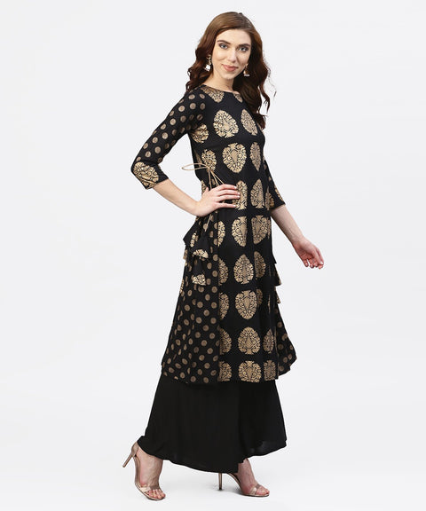 Black and gold Printed Kurta with Round neck and full sleeves