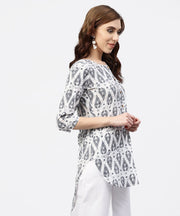 Off White Printed long top with Front Placket and 3/4 sleeves