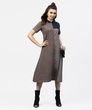 Grey and Blue Color Blocking A-Line Dress with Shirt collar and Half sleeves